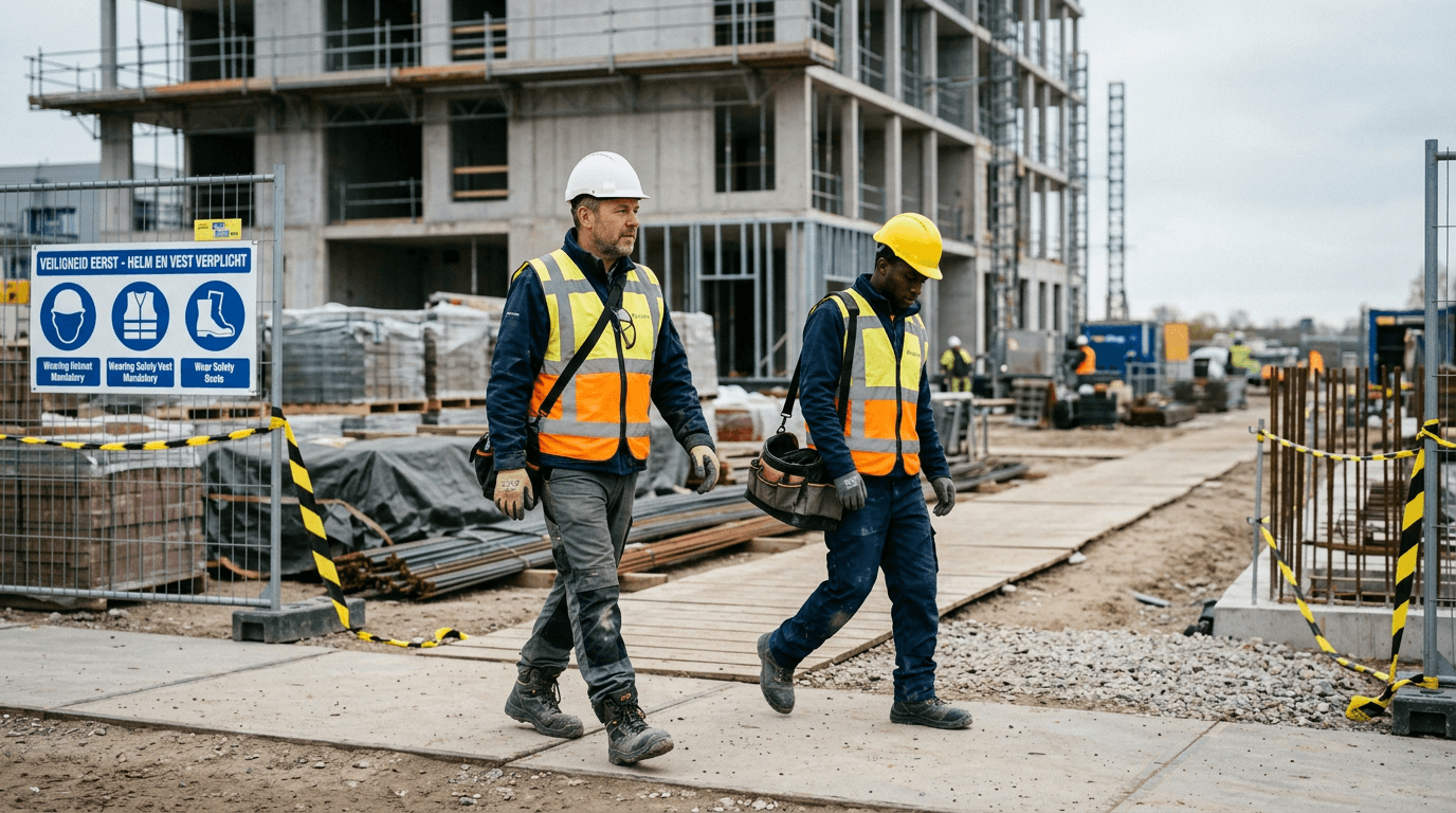 Een bouwplaats met duidelijke veiligheidssignalering en PBM.